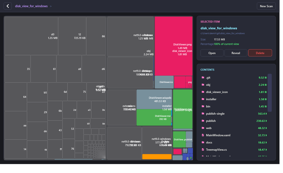 DiskViewer Squarified Treemap View showing files categorized by color